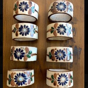Vintage Netzi Tonala Sandstone Hand Painted Mexico Flower Napkin Rings Set of 8